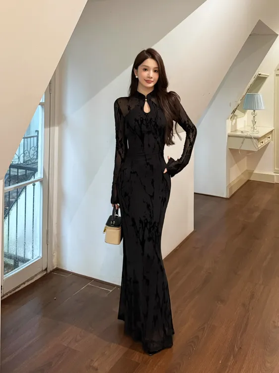 秋季新中式改良旗袍黑色网纱连衣裙女秋季性感修身包臀长裙