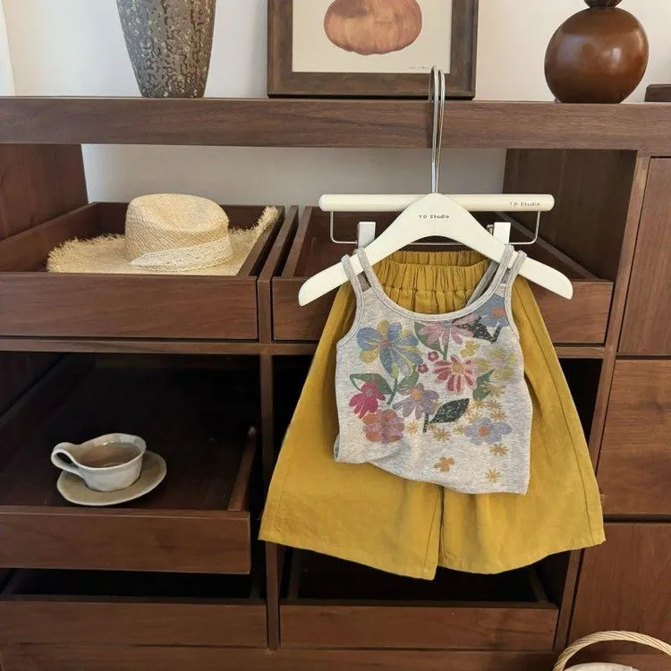 女童夏款背心套装2025新款洋气棉质吊带宽松阔腿九分裤两件套