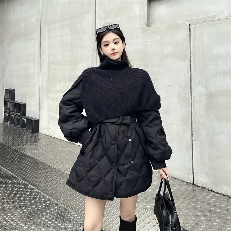 高级感赫本风冬季时尚炸街气质收腰保暖外套女高领围脖假两件棉衣