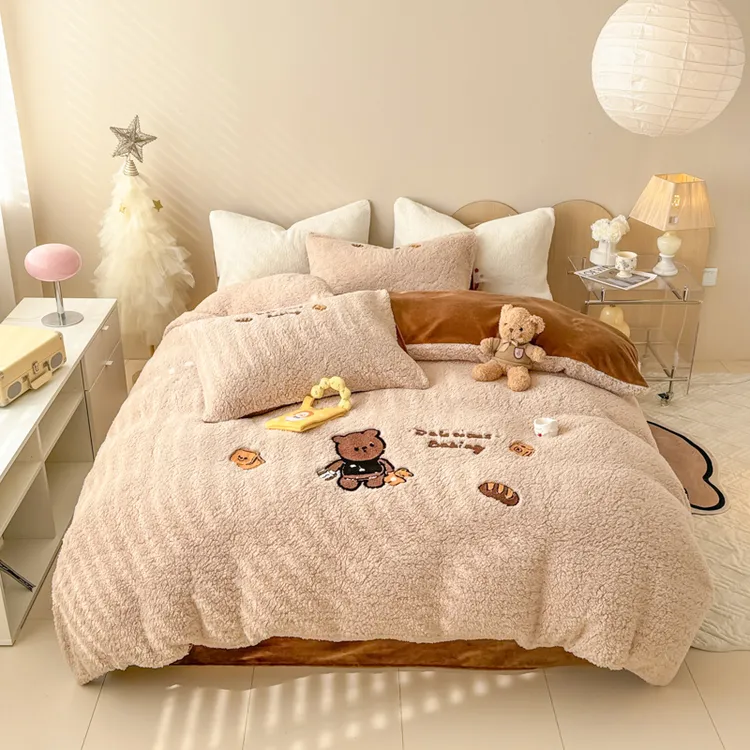 2024新款加绒加厚宿舍单人双面绒绒被奶绒A类羊羔绒毛巾绣四件套