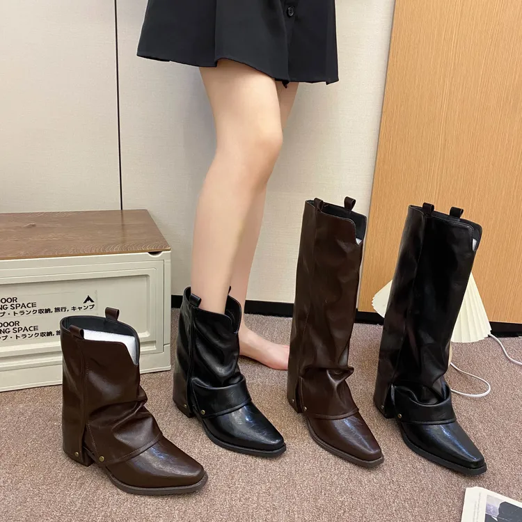 小众设计感褶皱堆堆靴女2025秋季新款复古百搭粗跟尖头靴