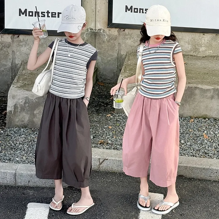 女童夏套装2025新款洋气儿童条纹短袖夏装大童夏季薄款裤子两件套