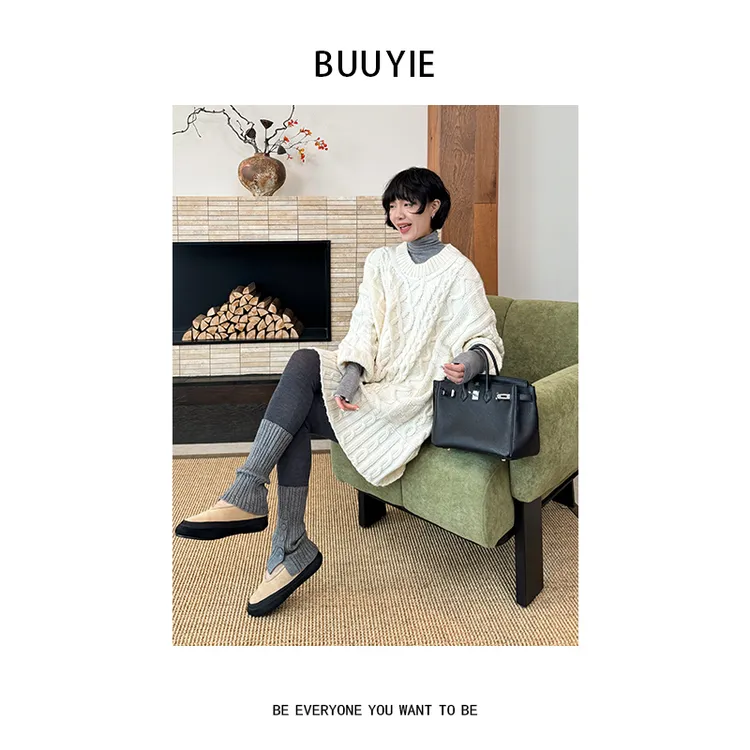 BUUYIE【织暖】慵懒毛衣羊羔绒宽松尼龙针织衫松弛感毛线衣251053