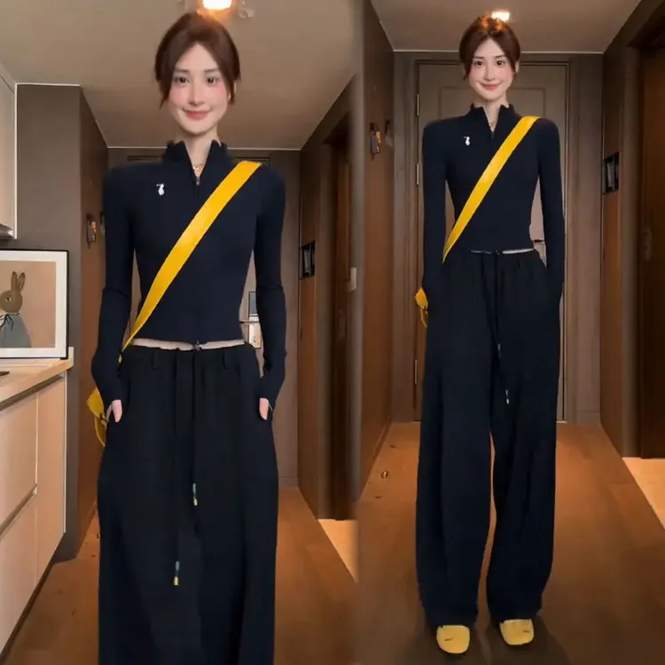 时尚休闲套装女2025秋季新款洋气立领开衫上衣阔腿裤两件套潮