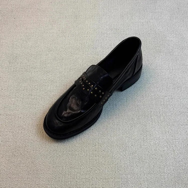 乐福皮鞋真皮羊皮百搭浅口圆头粗跟休闲一脚蹬阔腿裤必备鞋
