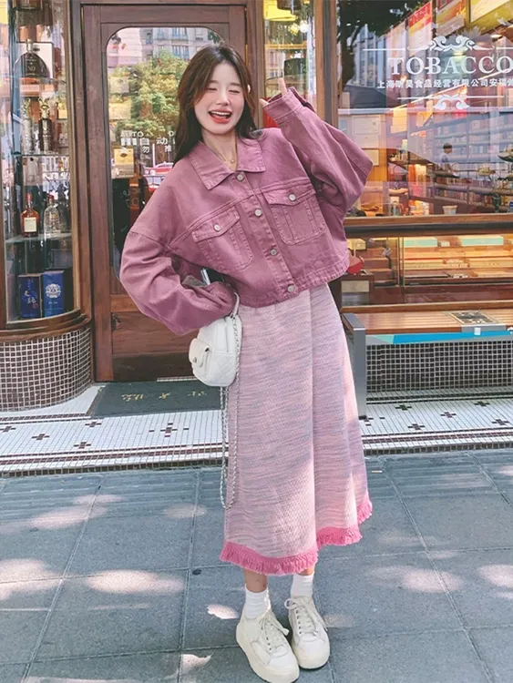 2025春季新款韩系树莓粉牛仔外套吊带裙套装女休闲减龄条纹连衣裙