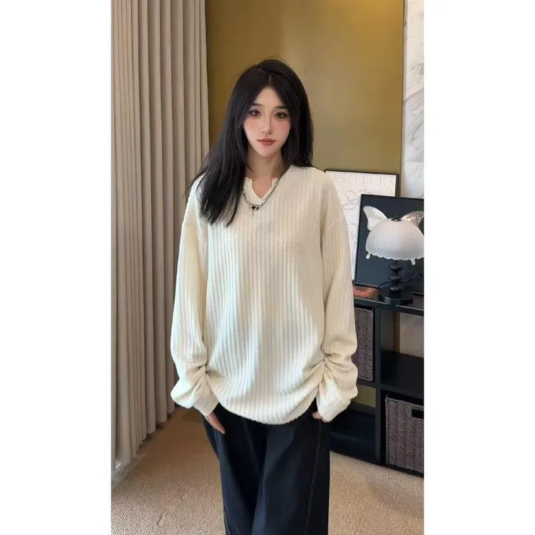 【早秋风】肌理感v领长袖t男2025秋季新款美式痞帅宽松内搭打底衫