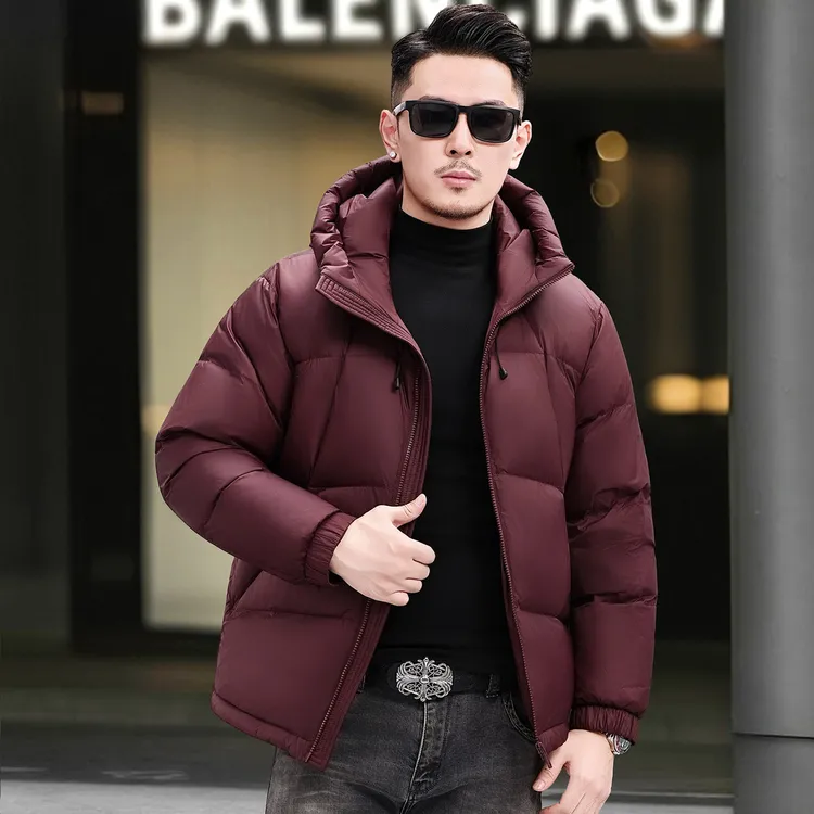 羽绒服男士2025冬季新款90白鸭绒连帽短款红色保暖中年爸爸装外套