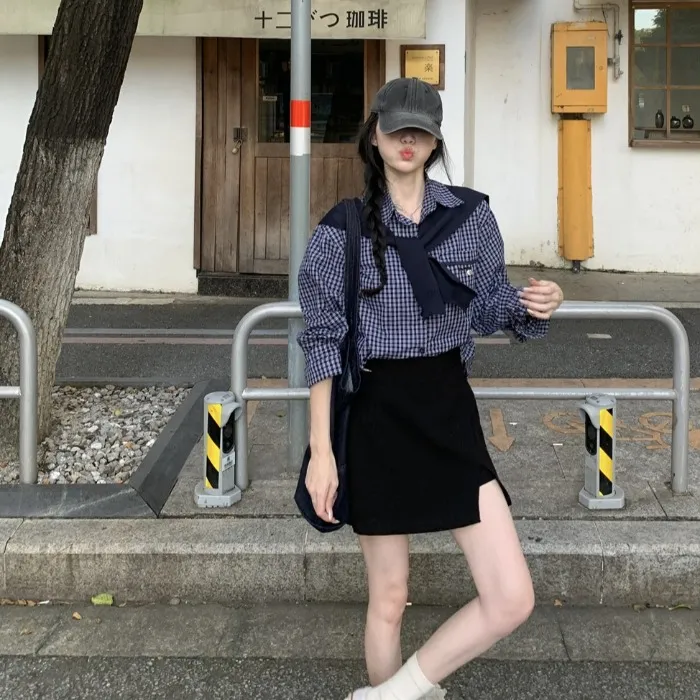 2025秋季新款法式气质风设计高级百搭格子单排扣POLO领长袖衬衫女