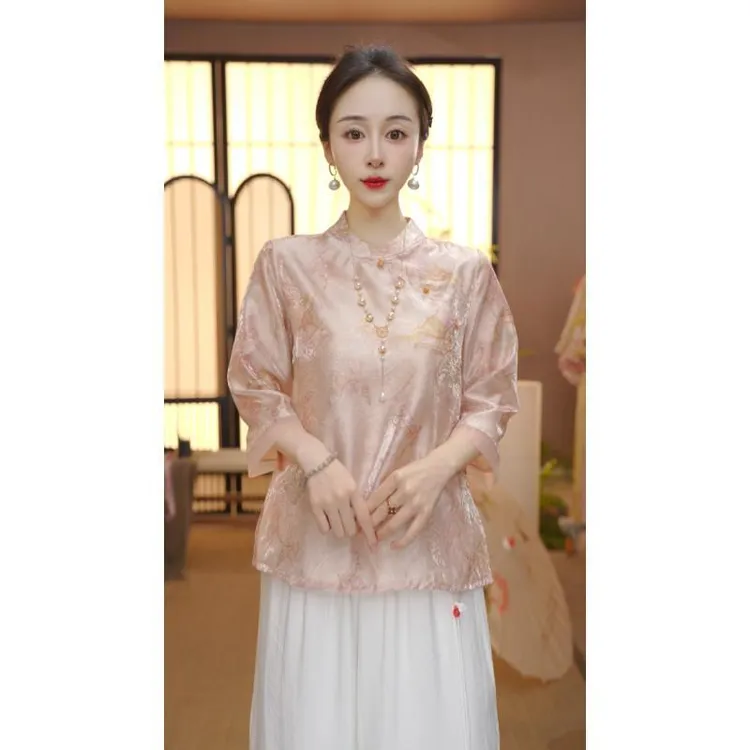 新中式2025夏季气质百搭提花立领短袖上衣女FB2508161