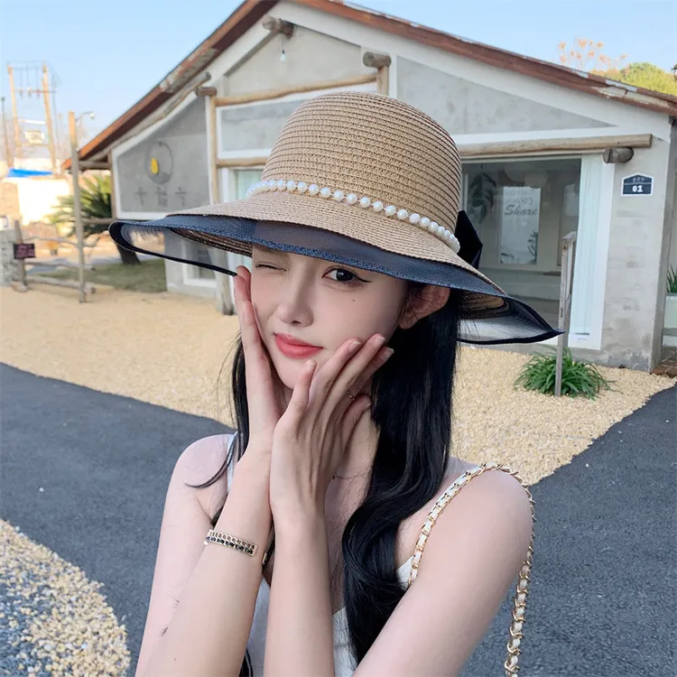 防晒法式珍珠女士沙滩帽海边遮阳帽夏季大帽檐优雅草帽蝴蝶结草帽