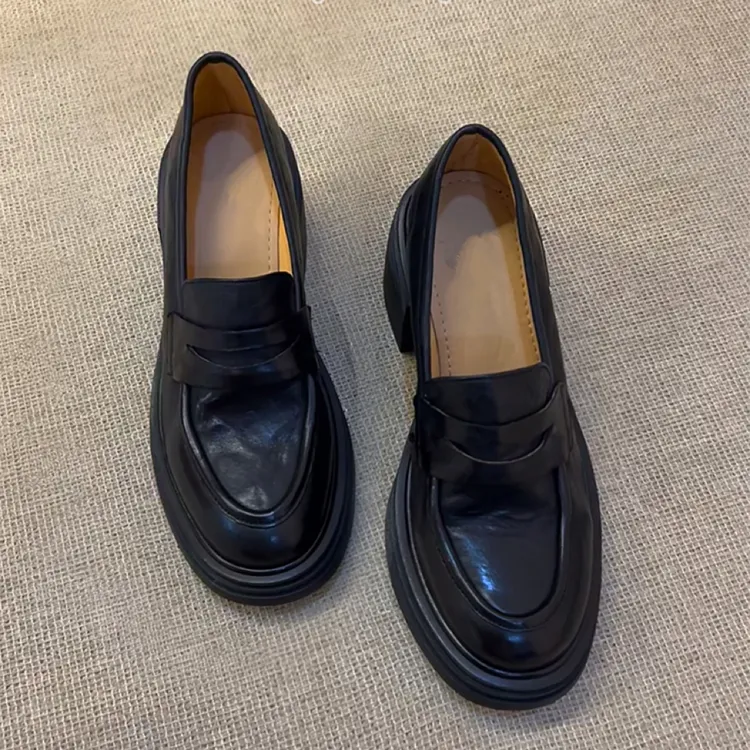 羊皮版~复古通勤厚底粗跟乐福鞋女2025新款秋季黑色气质小皮鞋