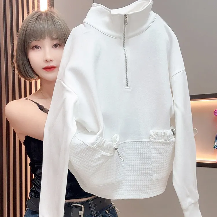 秋装女款爆款2025新款潮流休闲服运动拼接半拉链卫衣白色百搭长袖