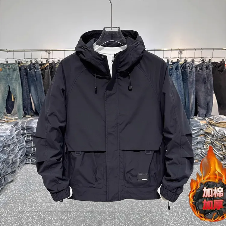 美式休闲夹克男加棉加厚春秋冬新款连帽外套男潮流防水工装冲锋衣