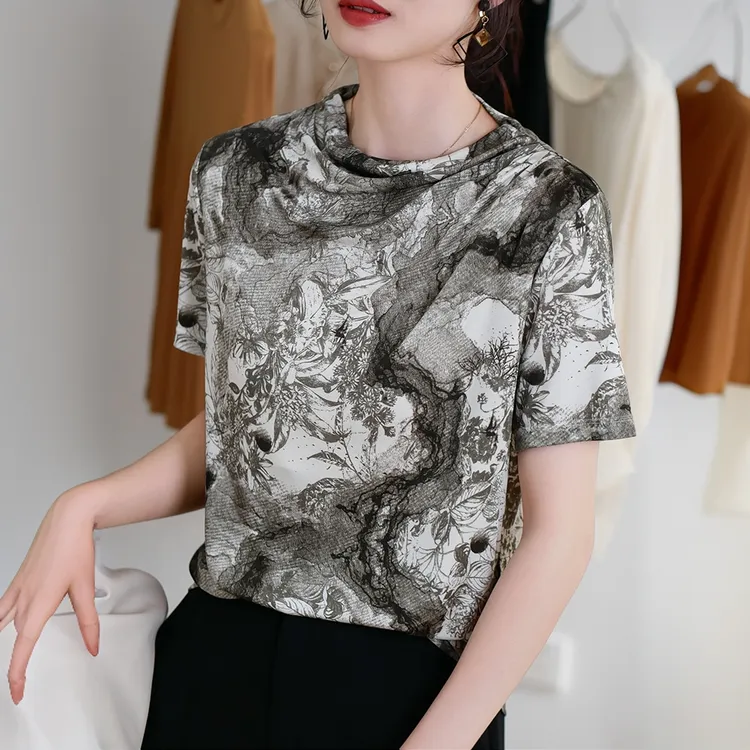 真丝T恤女2024年春夏新款套头内搭印花桑蚕丝小众短袖打底衫上衣