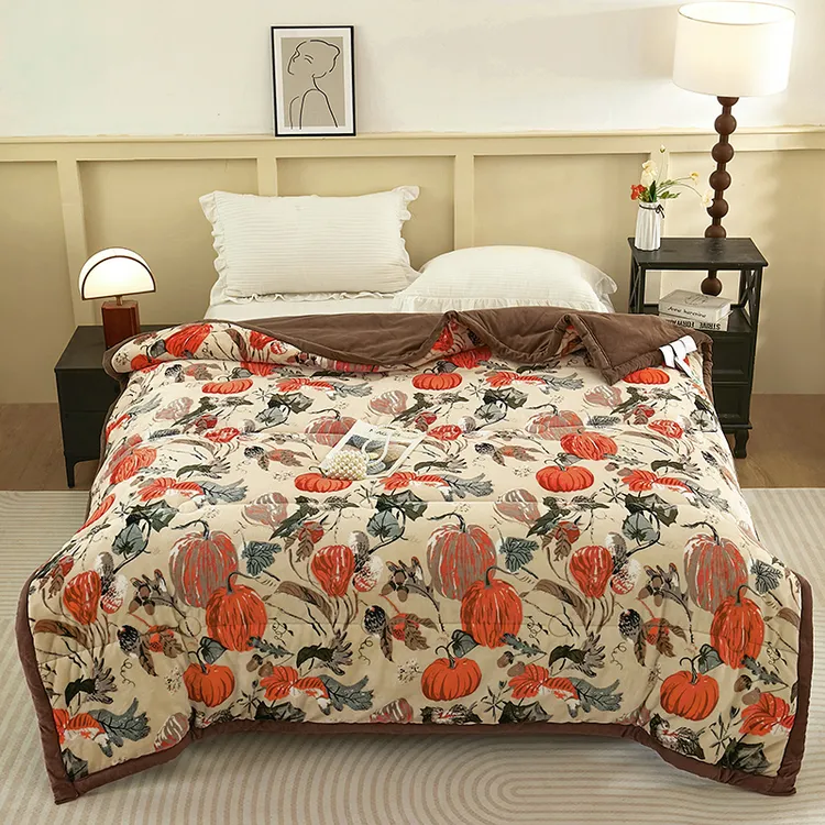 南瓜秋冬被盖毯石墨烯三层发热被保暖可机洗休闲加厚被绒毛毯