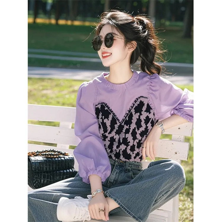 欧洲站时尚拼接豹纹衬衫女2025年春季新款设计感洋气小衫圆领上衣