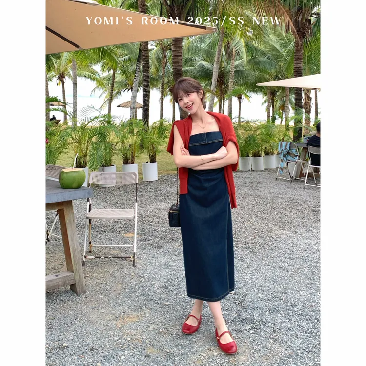 【现货】YOMI小个子定制【蓝调品味】复古牛仔显瘦抹胸连衣裙女春季
