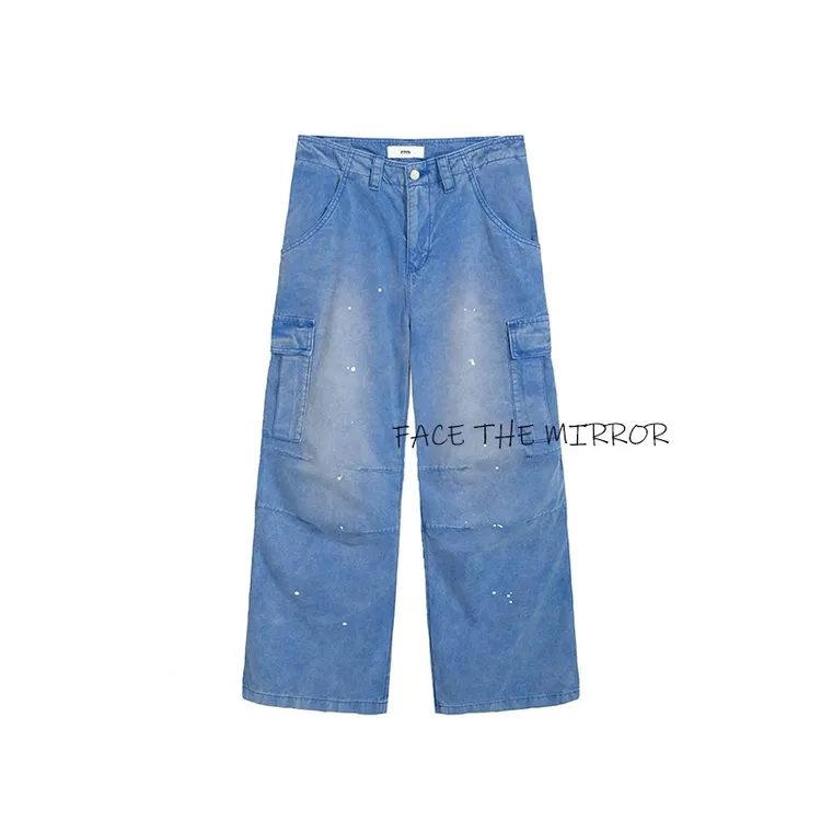 Face The Mirror 泼墨vintage水洗做旧法工裤宽松直筒Baggy伞兵裤