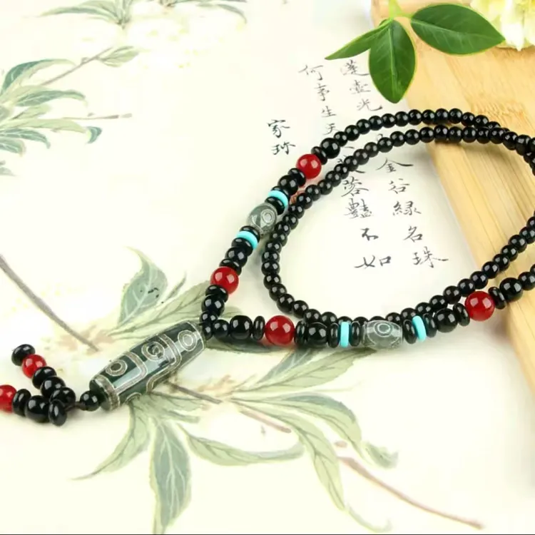 非金属玻璃项链 非金属木质吊坠九眼天珠民族风复古男女百搭项链