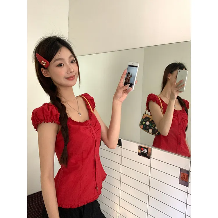 2025新款辣妹红色U领收腰显瘦短袖衬衫女爆款夏季百搭阔腿休闲裤