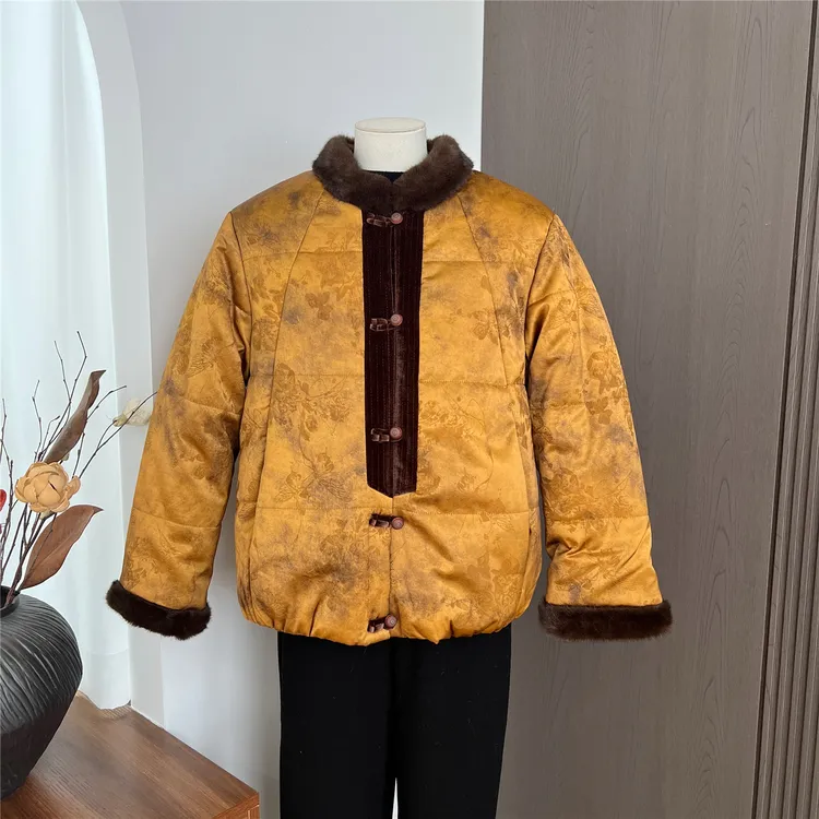 妈妈立领国风盘扣棉服中老年女装2025冬季中式印花加厚棉袄短外套