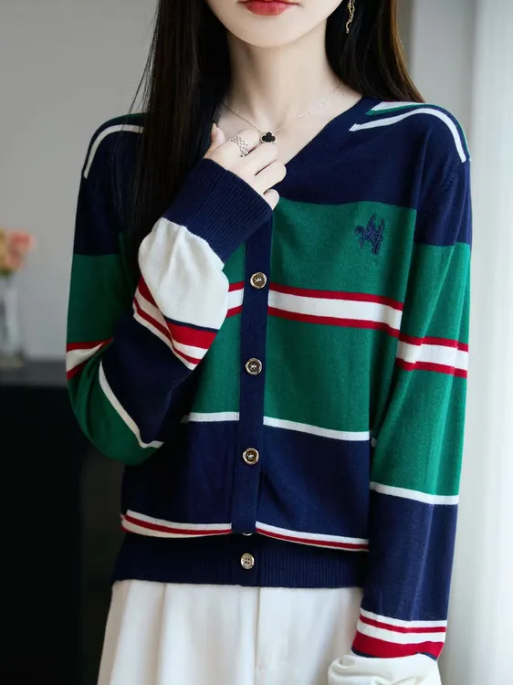 【葛行长定制】秋季女式宽条纹撞色v领开衫精纺长袖针织上衣NJR203
