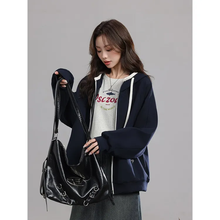 藏青色卫衣女薄款外套2025秋冬新款杏色包边撞色开衫设计感连帽衫