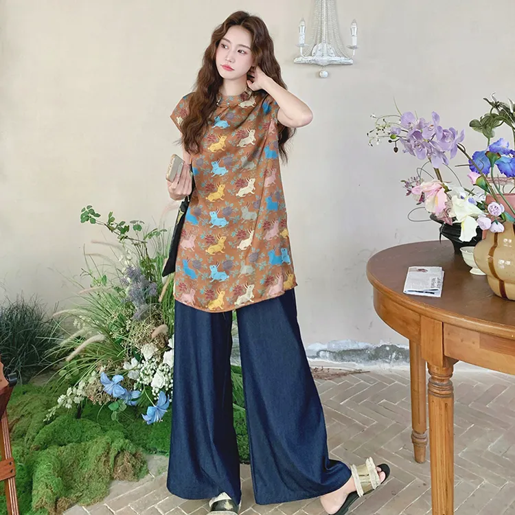 新中式国风印花套装女2025夏季新款复古气质旗袍上衣阔腿裤两件套