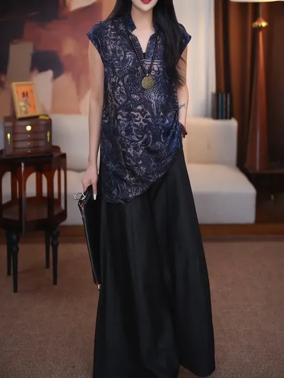 新中式经典国风裤套装女2025新夏季新款盘扣印花衬衣+黑色阔腿裤