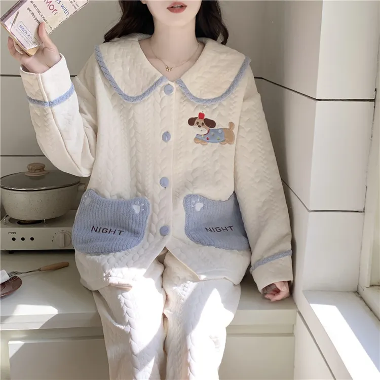 冬季娃娃领保暖翻领睡衣女厚款长袖春秋夹层空气棉卡通新款家居服