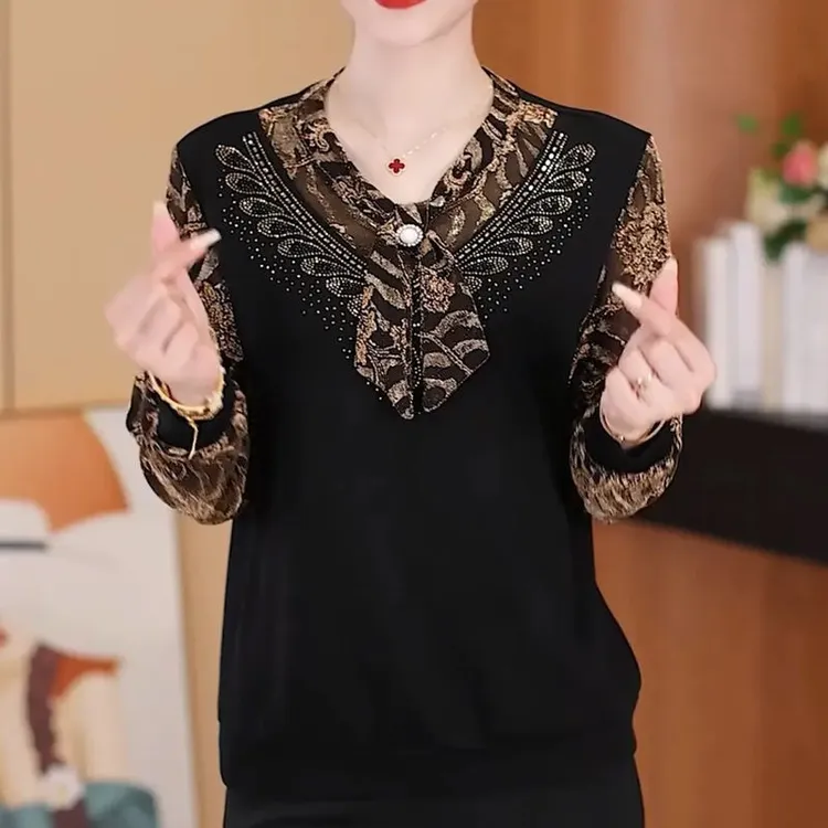 秋季高档妈妈新款长袖T恤衫时尚减龄圆领上衣烫钻蝴蝶结打底小衫