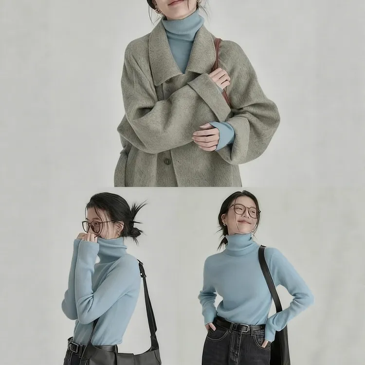 蓝色堆堆领针织衫毛衣女2025新款秋冬季穿搭显瘦高领内搭打底上衣