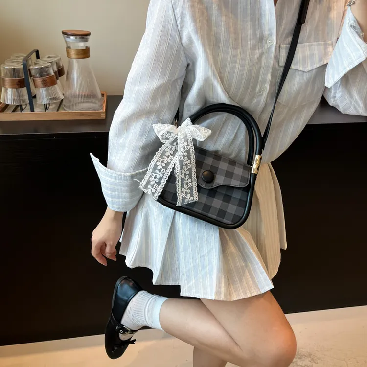 夏季格子清新风单肩包小包包纯色蕾丝甜美风单肩包手提包洛丽塔风