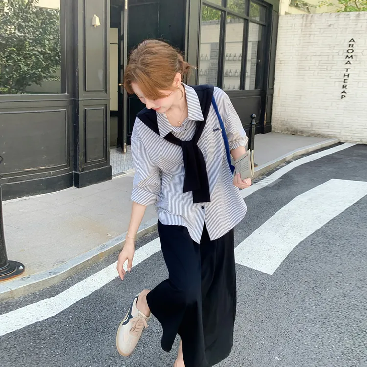 韩系ins披肩条纹衬衫半裙2025春秋新款休闲气质显瘦通勤风套装裙