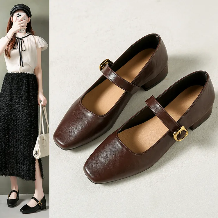 方头粗跟单鞋2025夏秋单鞋时尚粗跟一字带浅口玛丽珍女鞋法式单鞋