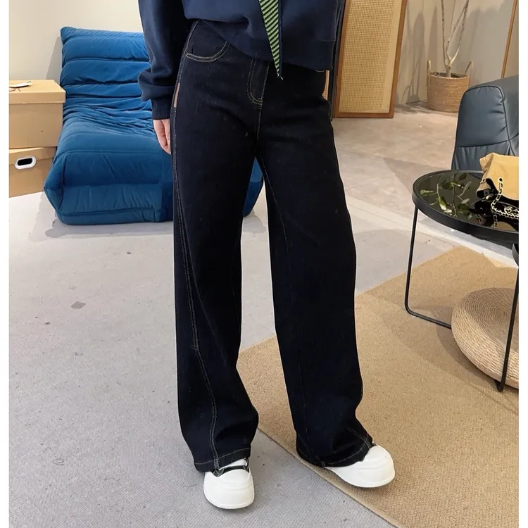 【欧加粒粒】磨毛冬款百搭休闲中腰显瘦弹力窄版直筒牛仔裤 W615220