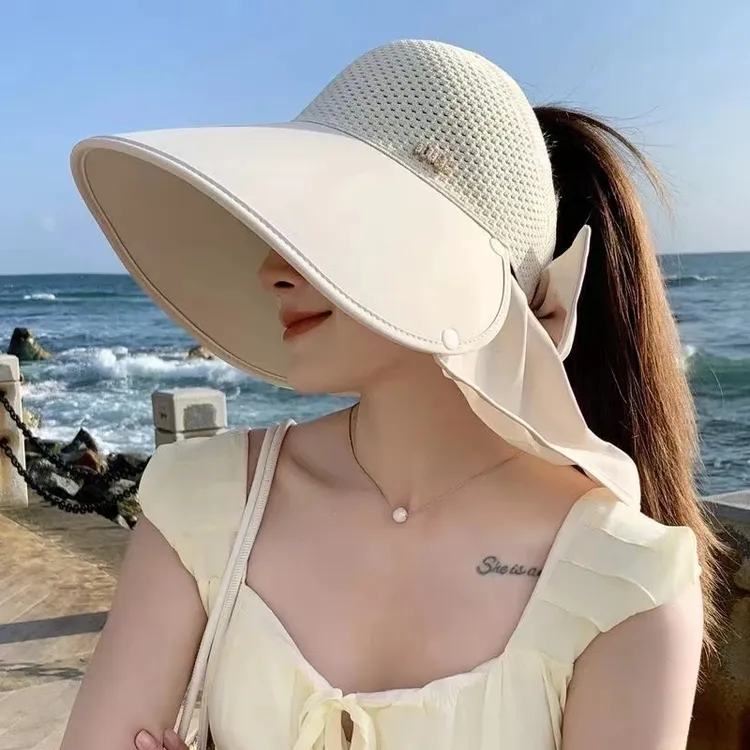 夏季遮阳帽显脸小披肩防晒遮阳女户外出游骑车防紫外线时尚太阳帽