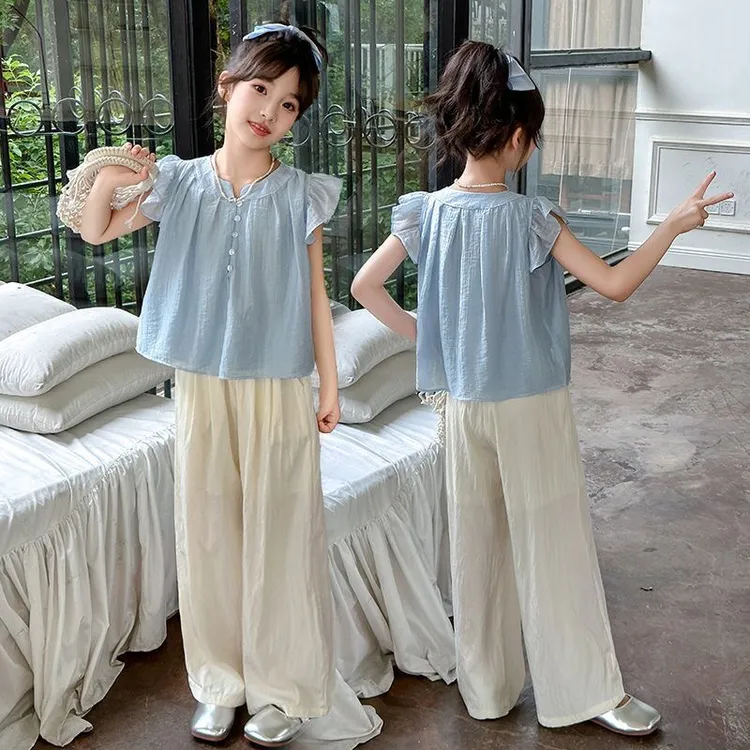 （现货）女童套装简约夏季纯色中大童夏天飞袖山本裤子薄款两件套