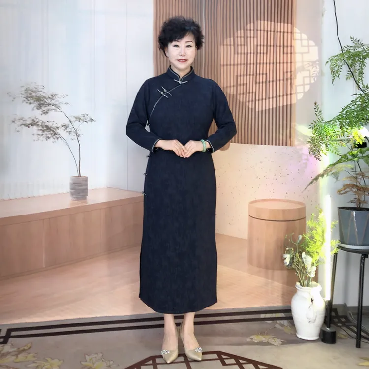 【蓝玫】秋冬季新款大码蓝色旗袍春秋显瘦气质长袖网红复古长款修身