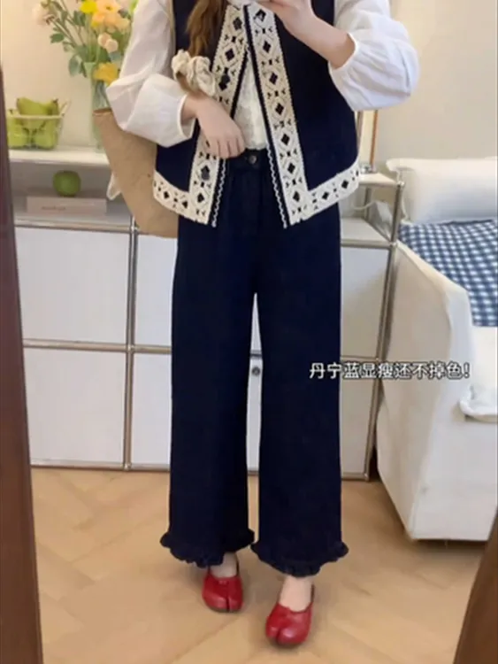 秋季新款胖妹妹mm宽松显瘦梨形身材阔腿裤丹宁蓝直筒牛仔裤女大码