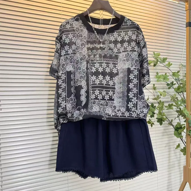 法式宽松休闲气质遮肉碎花上衣女夏季印花短袖T恤短裤凉快好穿
