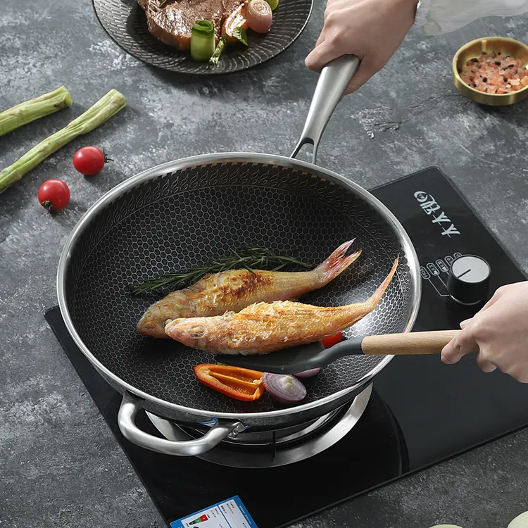 316L不粘锅家用厨具不锈钢平底锅耐用蜂窝无涂层炒锅炒菜不粘锅