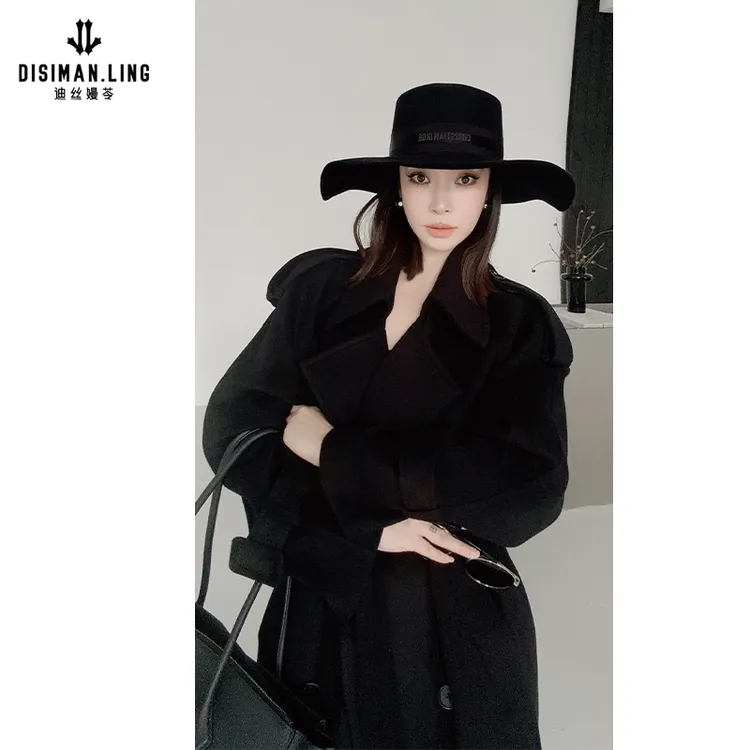 【迪丝嫚苓】100%羊绒黑色大衣气质轻奢时尚百搭设计款高贵气质大衣