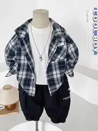 4818男女童时尚洋气休闲百搭春秋季蓝白格子连帽衬衫