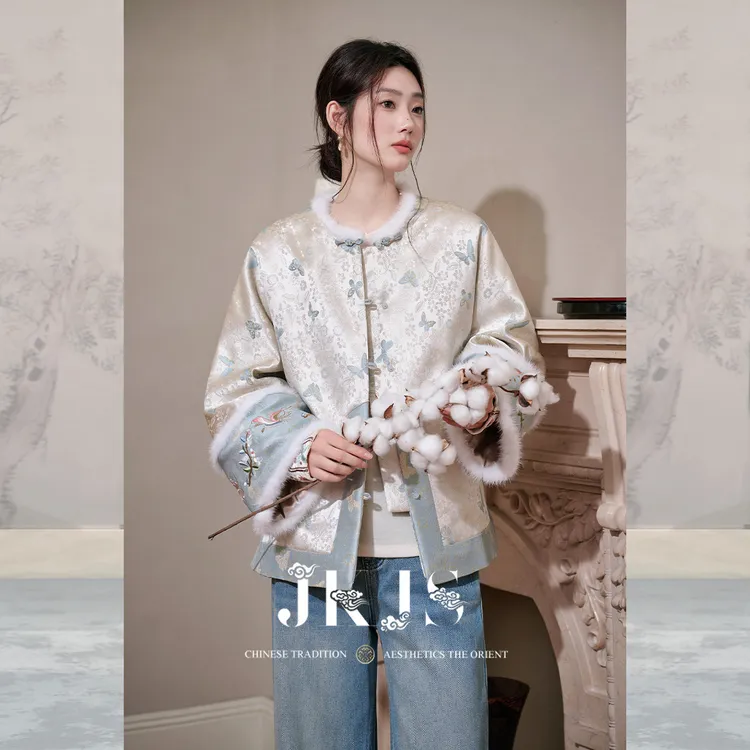 JKJS【云涧蝶】金丝提花 水貂毛拼接棉衣外套冬2025新款绣花棉服