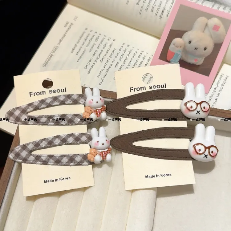 可爱秋冬时尚甜美少女心小兔咖色格纹布艺水滴BB夹简约百搭发夹