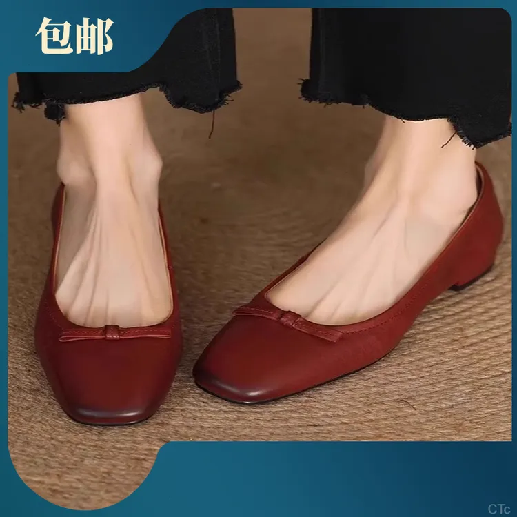 复古水洗牛皮时装鞋女方头2025新款擦色浅口单鞋大小码舒适低跟鞋