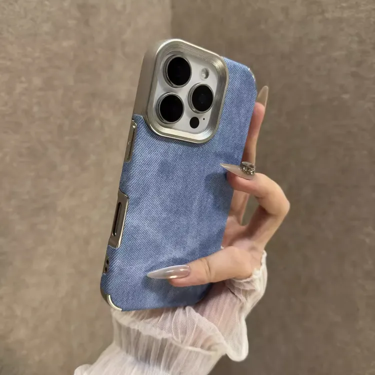 高颜值牛仔布纹适用苹果16promax手机壳iPhone15电镀全包14保护套