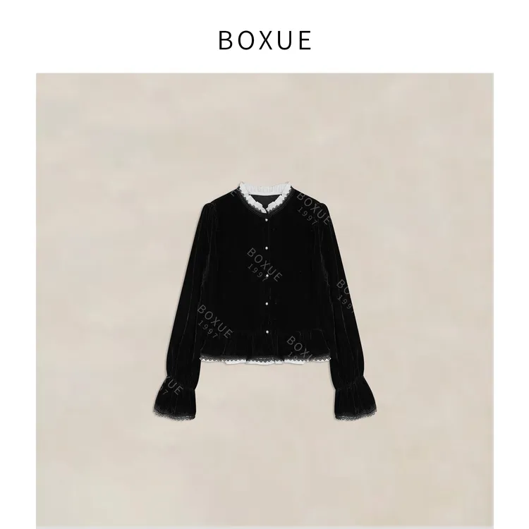 BOXUE“江南雪”2025秋冬植鞣桑蚕丝拼接蕾丝轻奢 外套#251009W5543